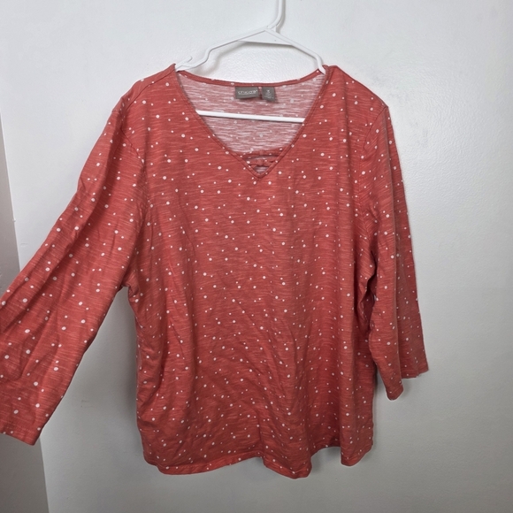 Chico's Coral Pink White Polka Dot 3/4 Sleeve Cotton Casual Summer Shirt Size 16 - Picture 2 of 8